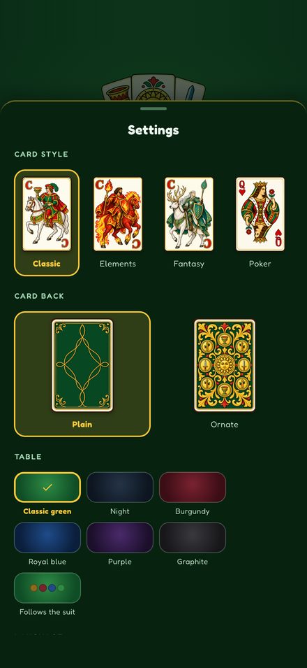 Settings: four card styles, two backs and seven table colors to choose from.