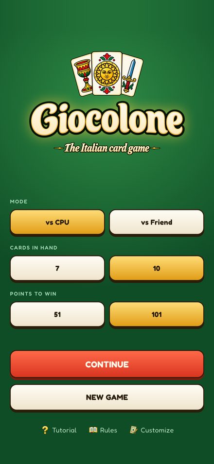 The Giocolone menu: the brand at the top and the choices below — against the computer or with a friend, 7 or 10 cards, 51- or 101-point limit.