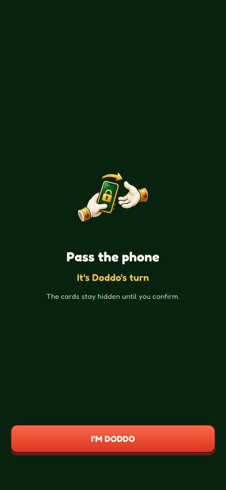 The screen that hides the cards between turns: two hands passing a locked phone, and the button for the receiving player to confirm.