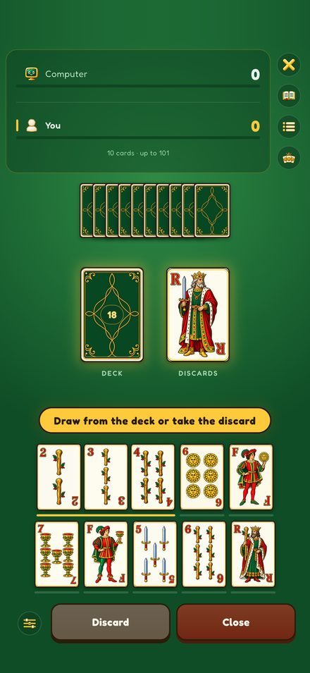 A game in progress: scores at the top, deck and discards in the middle, and your hand at the bottom split into combinations.