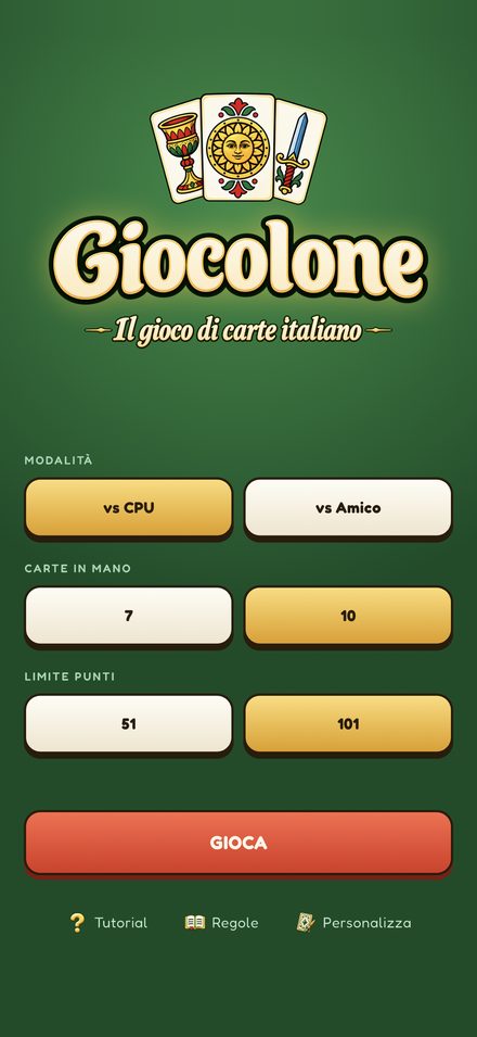 Il menu di Giocolone: il marchio in alto, e sotto le scelte — contro il computer o con un amico, sette o dieci carte, limite a 51 o 101 punti.
