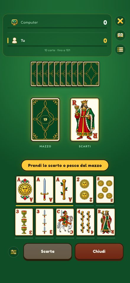 Una partita in corso: i punteggi in alto, il mazzo e gli scarti al centro, e la mano in basso divisa in combinazioni.
